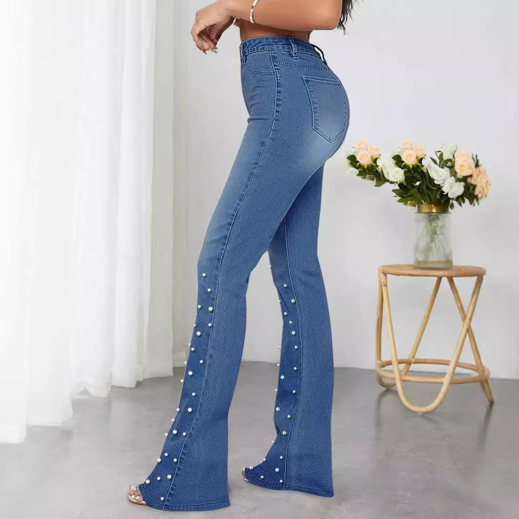 Damen Jeans-Schlaghose mit hoher Taille und Perlenapplikation Shop Nory
