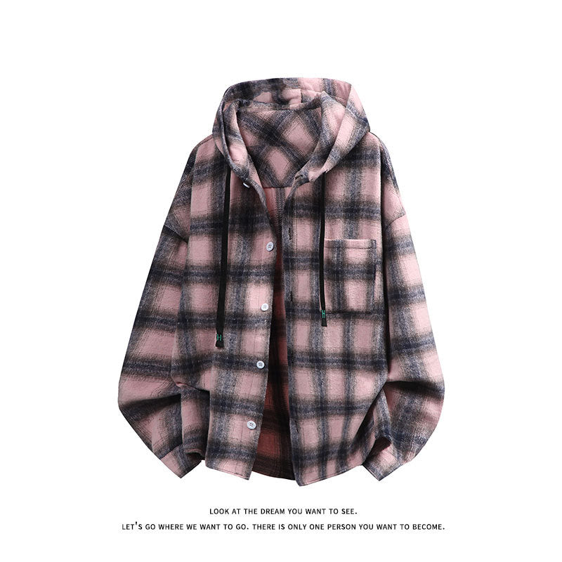Unisex oversized Kapuzen-Hemdjacke aus Flanell mit Karomuster und Brusttasche Shop Nory