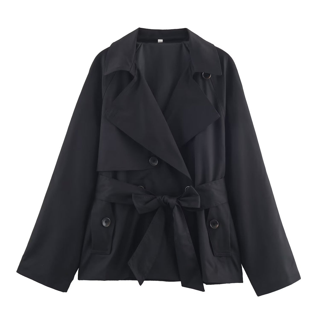 Damen Gekürzte Taillengürtel-Trenchjacke mit breitem Revers und Pattentaschen Shop Nory