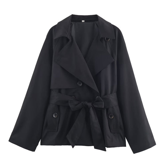Damen Gekürzte Taillengürtel-Trenchjacke mit breitem Revers und Pattentaschen Shop Nory