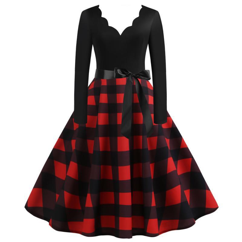 Damen Retro Swingkleid mit welligem V-Ausschnitt, tailliertem Satinbindegürtel und karierter Tellerrock Shop Nory