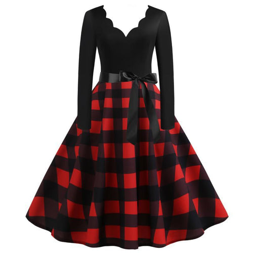 Damen Retro Swingkleid mit welligem V-Ausschnitt, tailliertem Satinbindegürtel und karierter Tellerrock Shop Nory