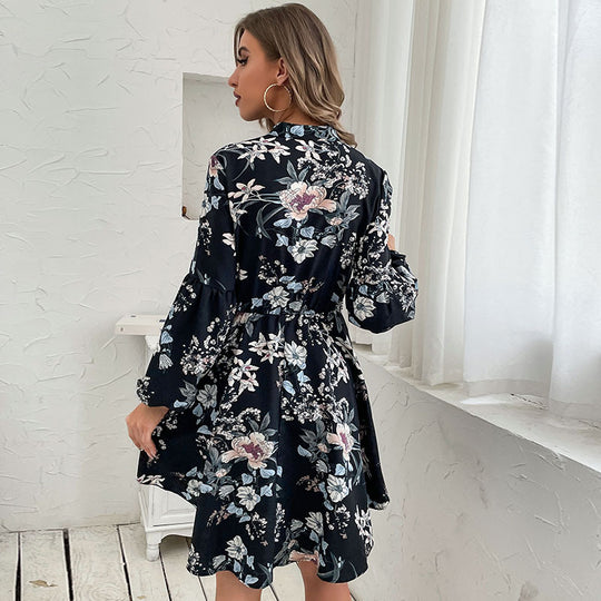 Damen Viskose-Hemdblusenkleid mit Taillen-Kordel, Stehkragen und Volantrock Shop Nory