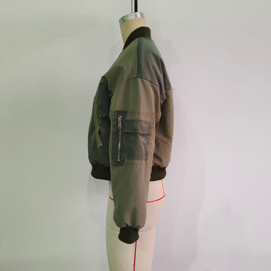 Damen Kurze Oversize-Bomberjacke mit Utility-Taschen und Rippbündchen Shop Nory