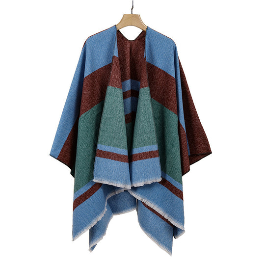 Damen Leichter Capeponcho aus Feinstrick mit geometrischem Blockstreifen-Design Shop Nory