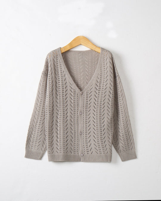Damen Leichte Ajour-Strickjacke mit tiefem V-Ausschnitt und Knopfleiste Shop Nory