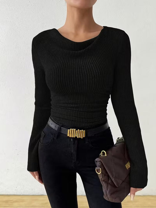 Damen Gerippter Taillierter Feinstrickpullover mit Raffung Shop Nory