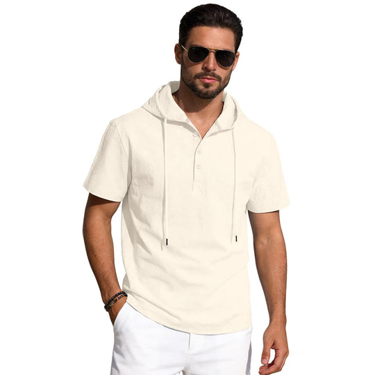Herren nan kurzärmeliges Kapuzen-Henley aus Slub-Baumwolle mit verdeckter Knopfleiste und Kordelzug