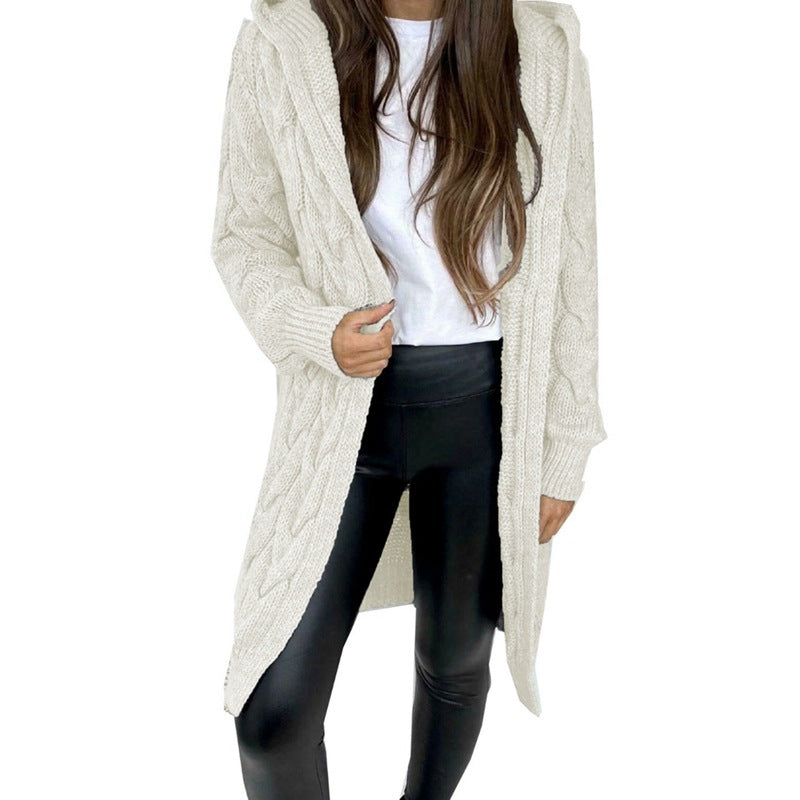 Damen lange Strickjacke mit Kapuze und Zopfdesign