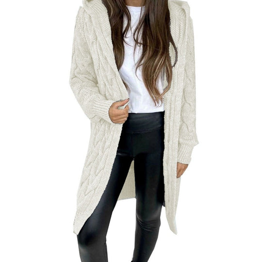 Damen lange Strickjacke mit Kapuze und Zopfdesign