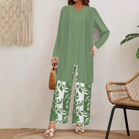 Damen Zweiteiler Offener Longcardigan mit Langarm und Palazzo‑Hose mit Blattprint Shop Nory
