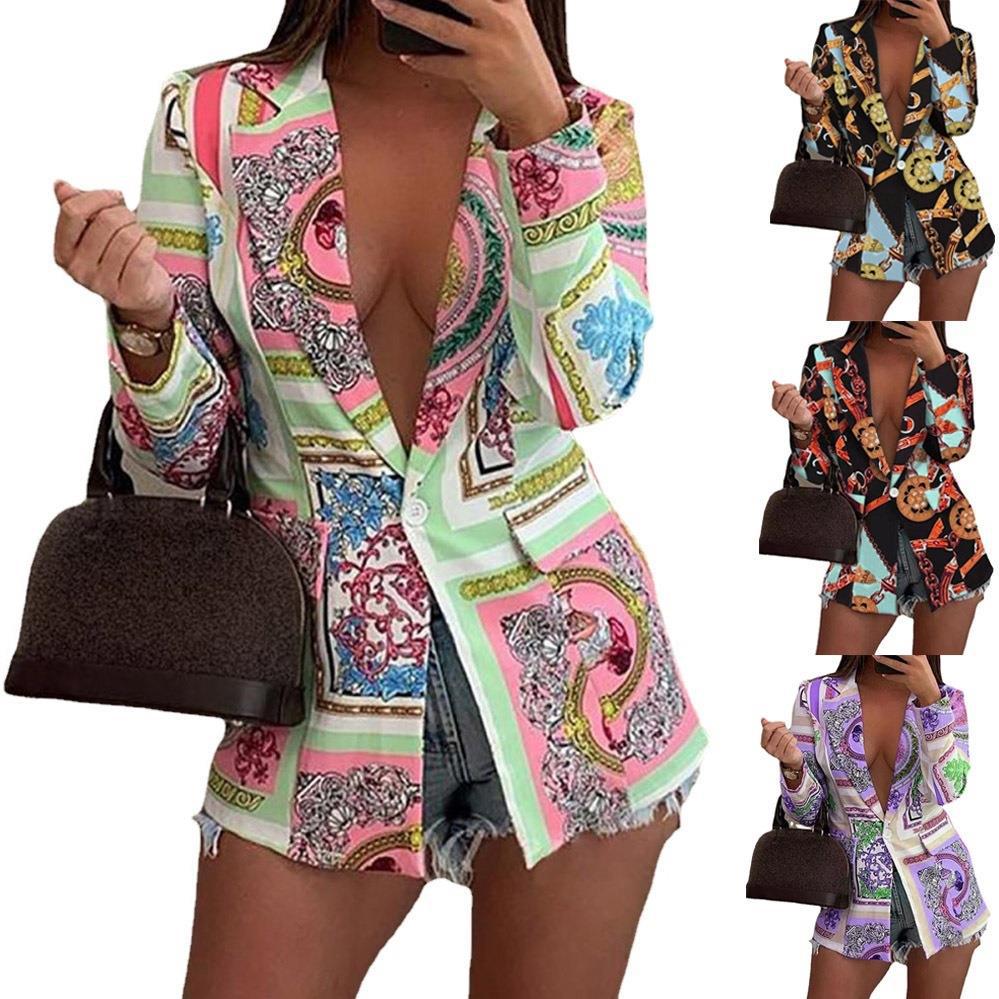 Damen Gemusterter Longline-Blazer mit Ein-Knopf-Verschluss und Seidentuch-Print Shop Nory