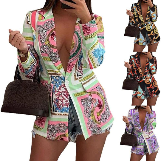Damen Gemusterter Longline-Blazer mit Ein-Knopf-Verschluss und Seidentuch-Print Shop Nory