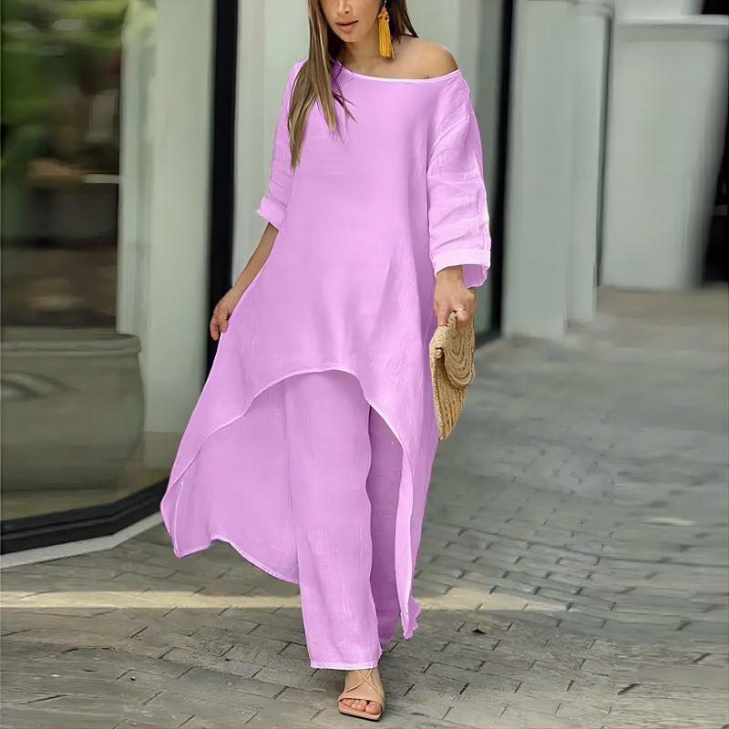 Damen luftiges Leinen‑Mix Tunika‑Set mit weitem Palazzohose Shop Nory