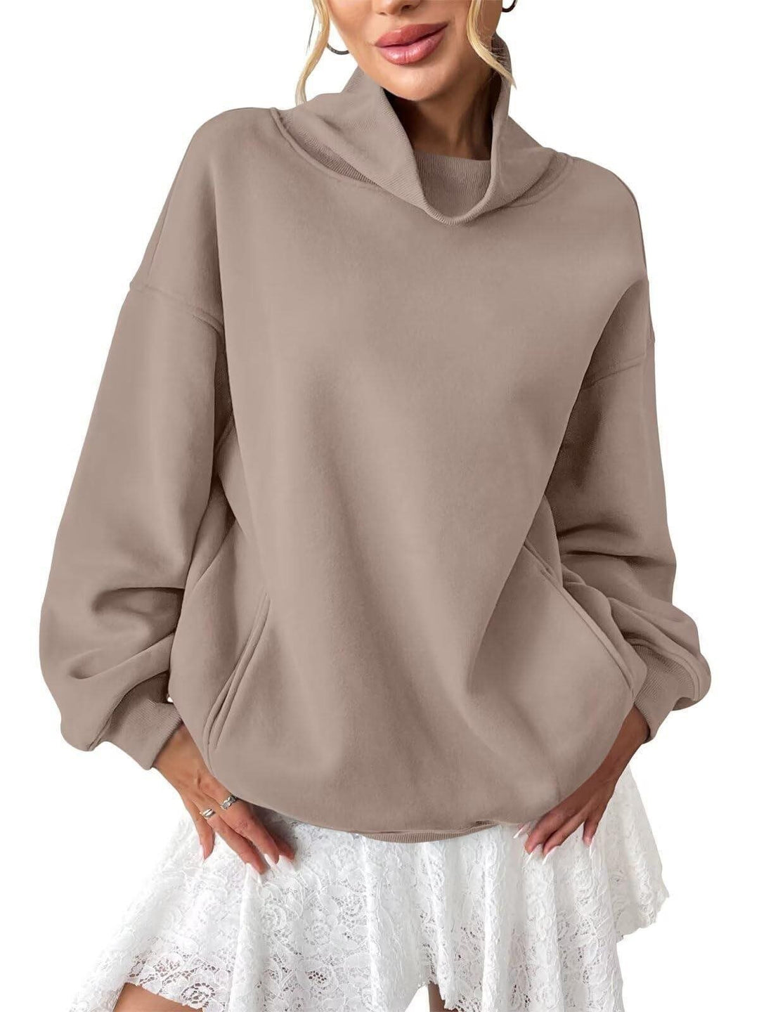 Damen Lässiges Oversize-Sweatshirt mit Schlauchkragen und Kängurutasche Shop Nory