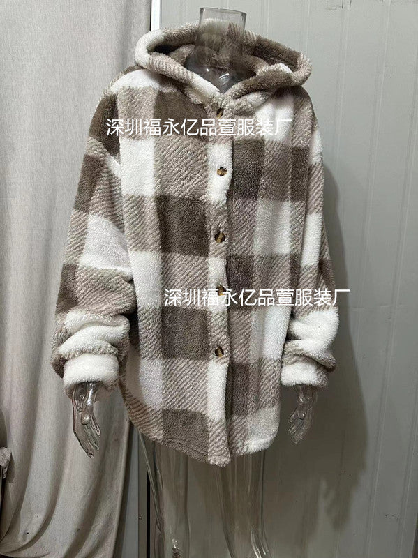 Damen nan kuschelige karierte Teddyjacke mit Kapuze, Knopfverschluss und oversized Schnitt Shop Nory