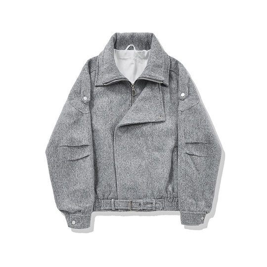 Damen Kurz geschnittene Wollmix-Bikerjacke mit asymmetrischer Front und Taillengürtel Shop Nory