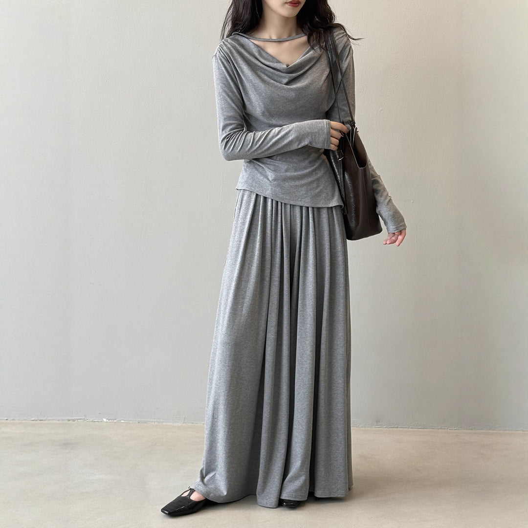 Damen Zweiteiliges Jersey-Set mit asymmetrischem Wasserfallkragen und weitem Maxirock Shop Nory