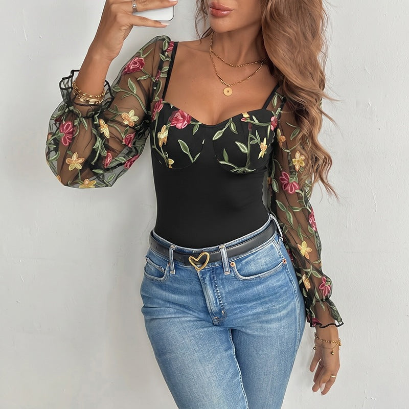 Damen Figurformender Mesh-Body mit Korsettoptik, Balconette-Ausschnitt und bestickten Transparentärmeln Shop Nory
