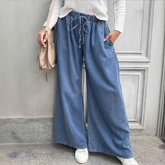 Damen Langer Denim-Maxirock mit Tunnelzugbund, weitem A‑Linien‑Schnitt und Eingrifftaschen Shop Nory