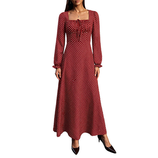 Damen Retro-Maxikleid mit quadratischem Ausschnitt, geraffter Brustpartie und langen Ärmeln Shop Nory