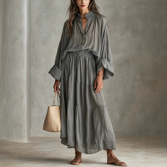 Damen Maxikleid mit geraffter Taille, Stehkragen und voluminösen Ballonärmeln Shop Nory