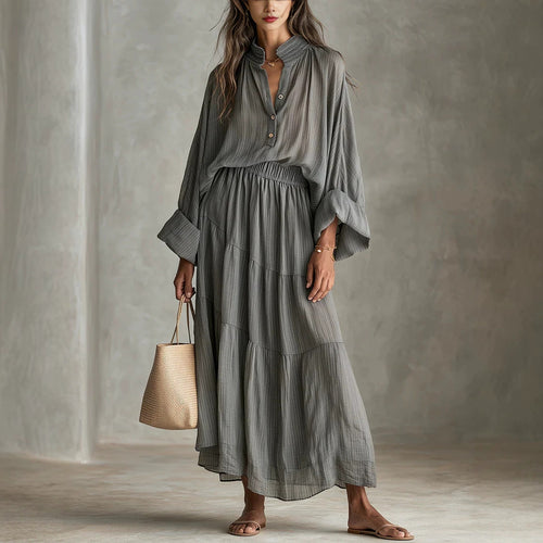 Damen Maxikleid mit geraffter Taille, Stehkragen und voluminösen Ballonärmeln Shop Nory