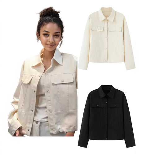 Damen Kurz geschnittene Boxy-Overshirtjacke aus veganer Lederoptik mit Pattentaschen und Druckknopfverschluss Shop Nory