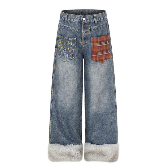 Damen weite hochgeschnittene Denim-Palazzohose mit Karopatchtasche und Kunstfellbesatz am Saum Shop Nory