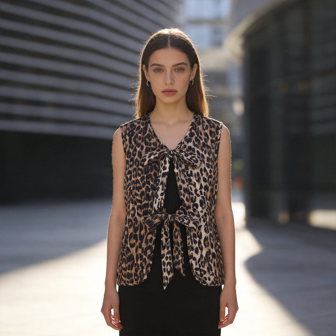 Damen Ärmelloses Satin-Blusentop mit Leoprint und doppelter Schleifenfront Shop Nory
