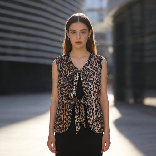 Damen Ärmelloses Satin-Blusentop mit Leoprint und doppelter Schleifenfront Shop Nory