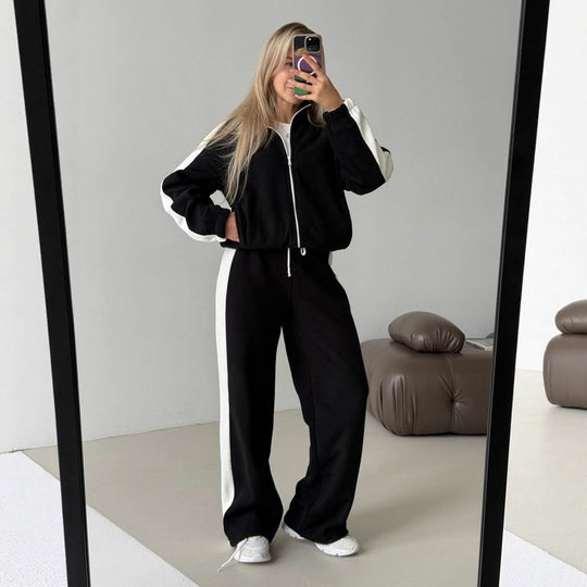 Damen sportlich-elegantes Fleece-Trainingsset mit kurzem Stehkragen-Zip, elastischem Bund und seitlichen Kontrastbahnen Shop Nory