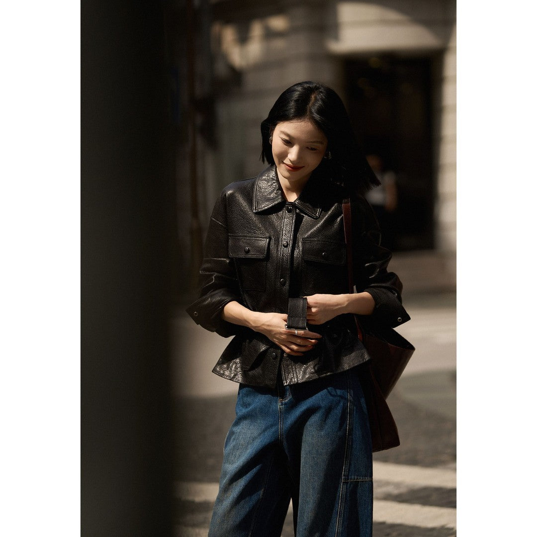 Damen Kurzjacke aus strukturiertem Leder mit Taillengürtel und Druckknöpfen Shop Nory