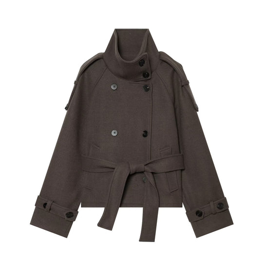 Damen Kurze Capejacke aus Wollmix mit hohem Stehkragen, Doppelreihe und Bindegürtel Shop Nory