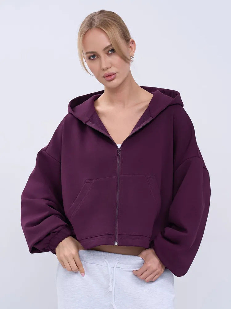 Damen legeres Cropped-Fleece-Hoodie mit Tunnelzugbund, Raglanärmeln und Reißverschluss Shop Nory