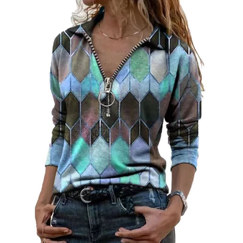 Damen Zip-Pullover mit Polokragen, grafischem Rautenprint und schmaler Passform Shop Nory