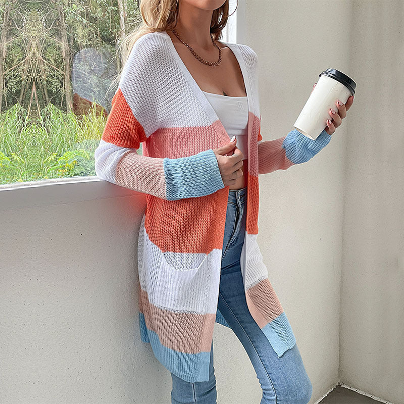 Damen Langer Blockstreifen-Strickcardigan mit offenem Schnitt, Eingrifftaschen und leichter Ajourstruktur Shop Nory