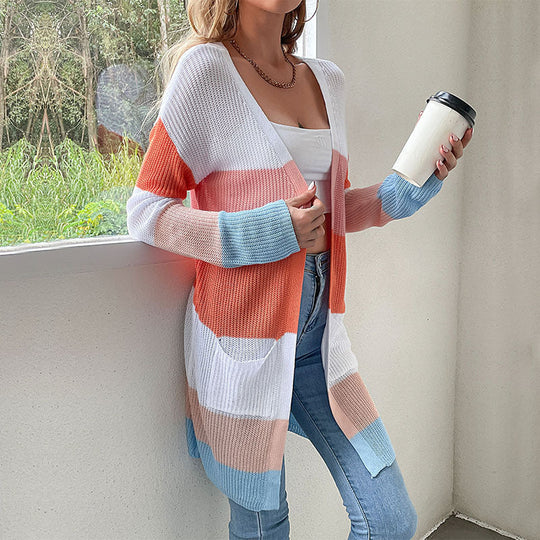 Damen Langer Blockstreifen-Strickcardigan mit offenem Schnitt, Eingrifftaschen und leichter Ajourstruktur Shop Nory