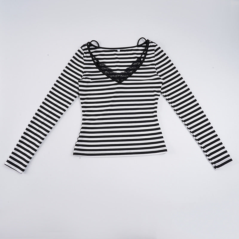 Damen nan gestreiftes Langarmshirt mit Spitzen‑V-Ausschnitt und Doppelspaghettiträger Shop Nory