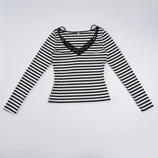 Damen nan gestreiftes Langarmshirt mit Spitzen‑V-Ausschnitt und Doppelspaghettiträger Shop Nory