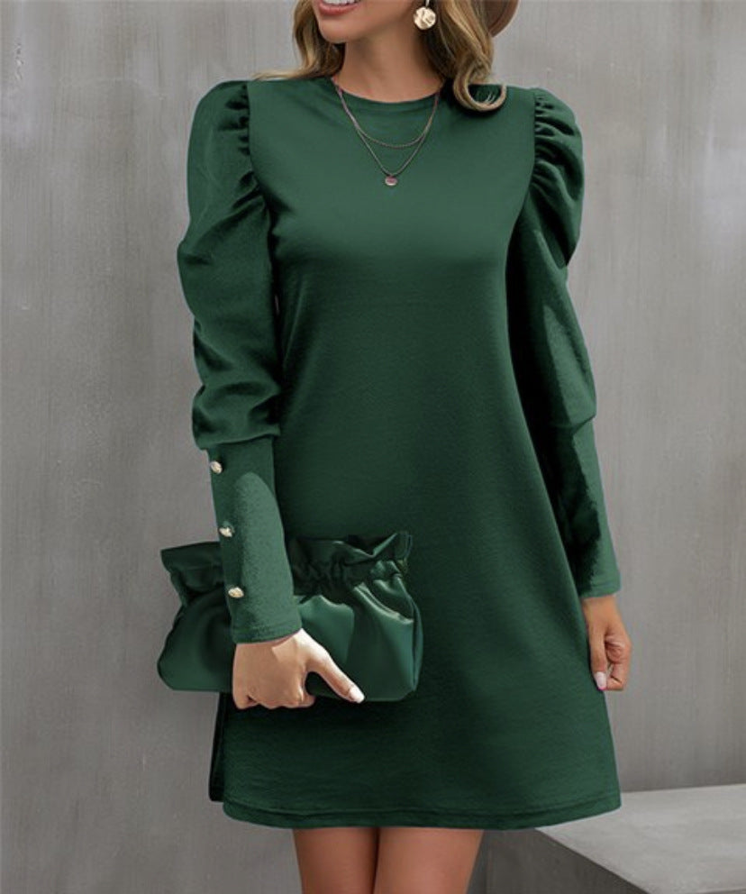 Damen Elegantes A-Linien-Minikleid mit betonten Puffärmeln und Perlenknopf-Ärmelmanschetten Shop Nory