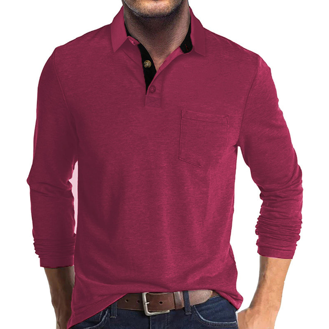 Herren langärmliges Polohemd mit Brusttasche, Kontrastknopfleiste und legerer Stretch-Passform Shop Nory