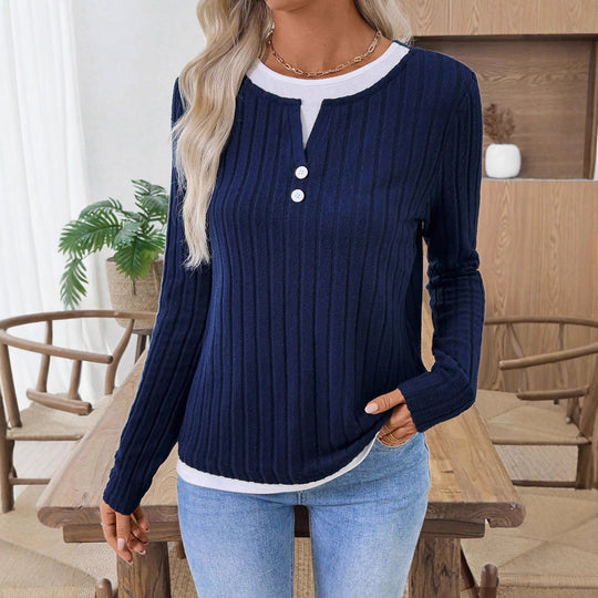 Damen Geripptes Langarm-Henley-Shirt mit Knopfleiste und Lagenoptik Shop Nory