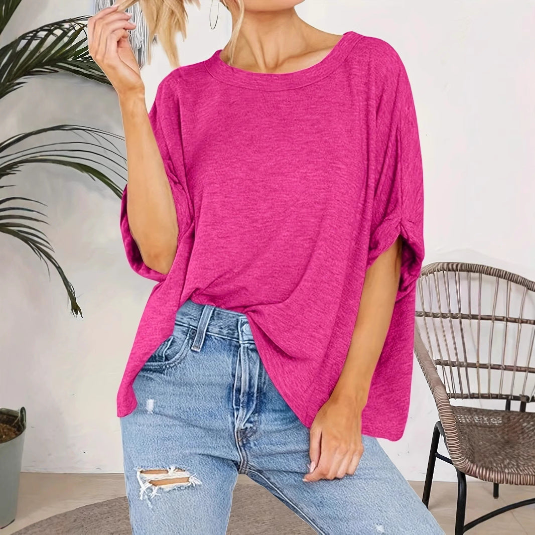 Damen Oversize-Longshirt mit weitem U-Boot-Ausschnitt und geknoteten Dreiviertelärmeln Shop Nory
