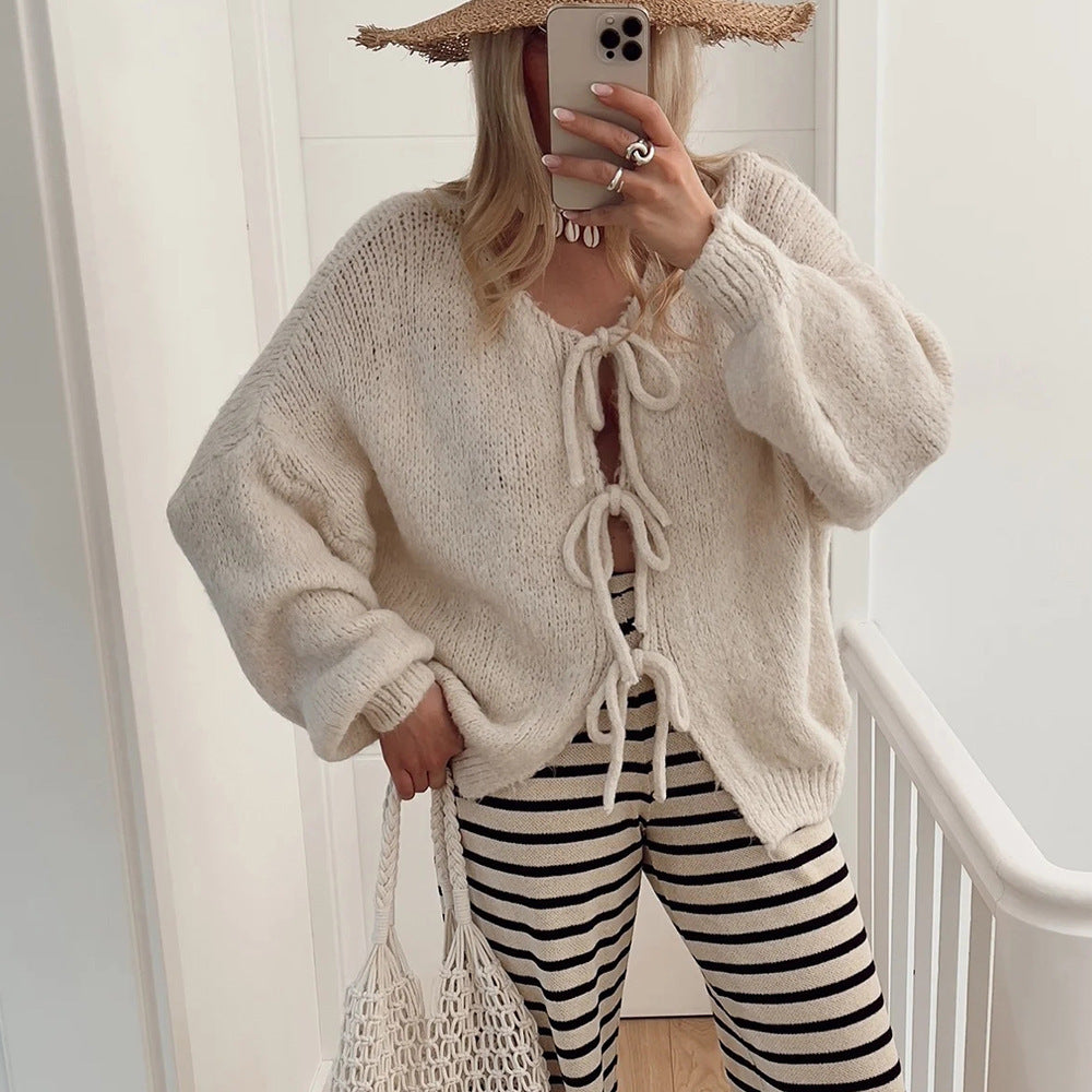 Damen Grobgestrickter Offener Cardigan mit Bindebändern, Oversize‑Silhouette und Raglanärmeln Shop Nory