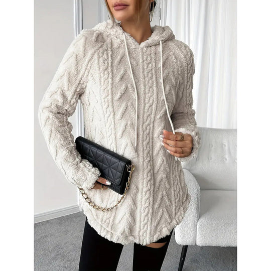 Damen Kuscheliger Teddy-Hoodie mit Zopfmuster Tunnelzug und gerundetem Saum Shop Nory