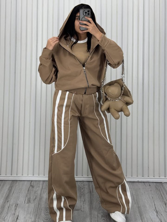 Damen Oversize Kapuzen-Sweatjacke mit Reißverschluss und weitem Trackpant-Set Shop Nory