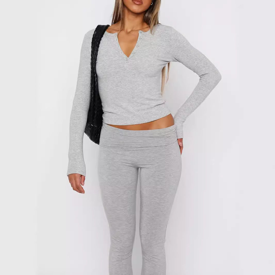 Damen Geripptes Langarm-Henley-Cropped-Shirt Shop Nory
