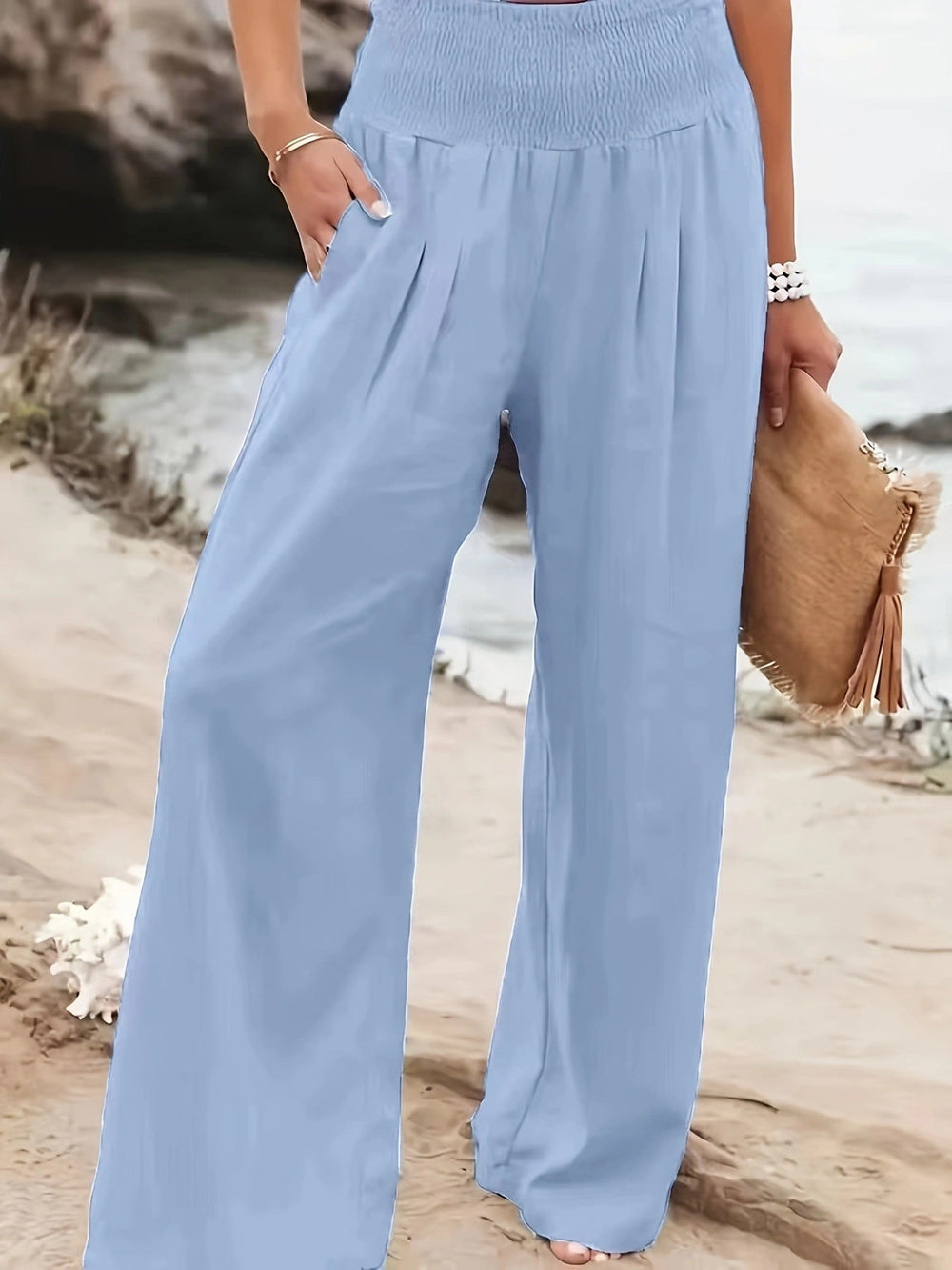Damen weite Leinenhose mit elastischem Bund