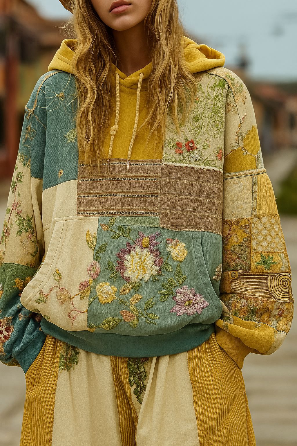 Damen Bestickter Patchwork-Kapuzenpullover mit Blumenapplikation und Kängurutasche Shop Nory